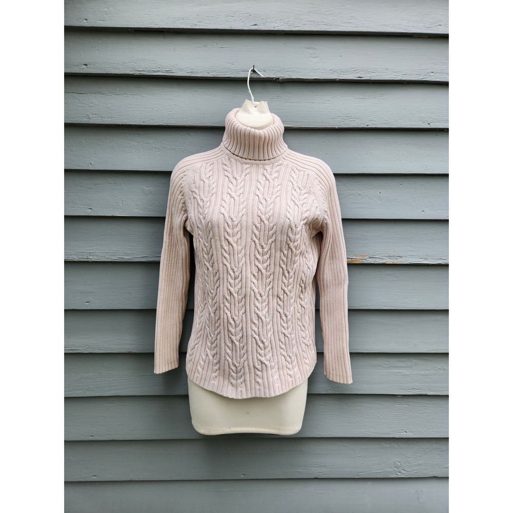 Vintage 90s Karen Scott Sweater Cream‎ Cable Knit Cotton Turtleneck Pullover Md